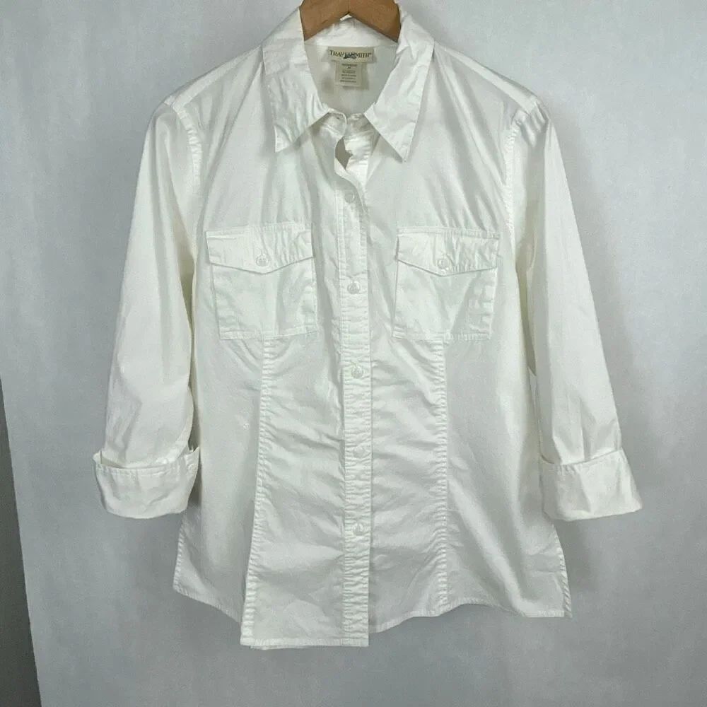 TravelSmith Button Down Shirt Womens Sz Medium White 3/4 Sleeves Cotton Spandex